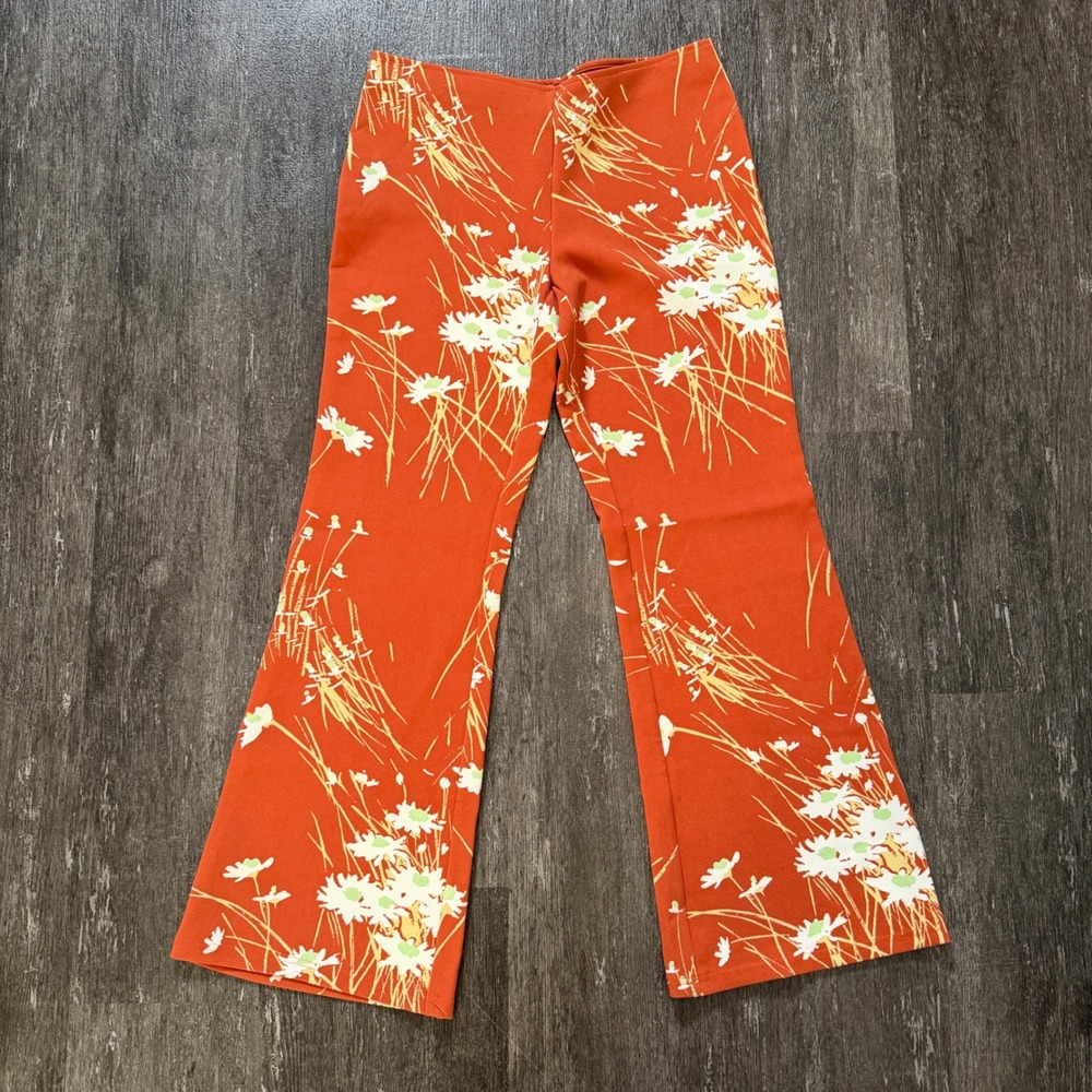 Urban Outfitters Orange Daisy Flare Pants Women's Large Floral Print Boho